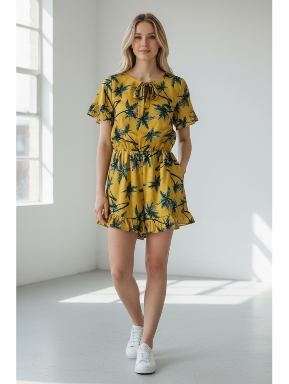 Lucca yellow palm print short sleeve romper dress